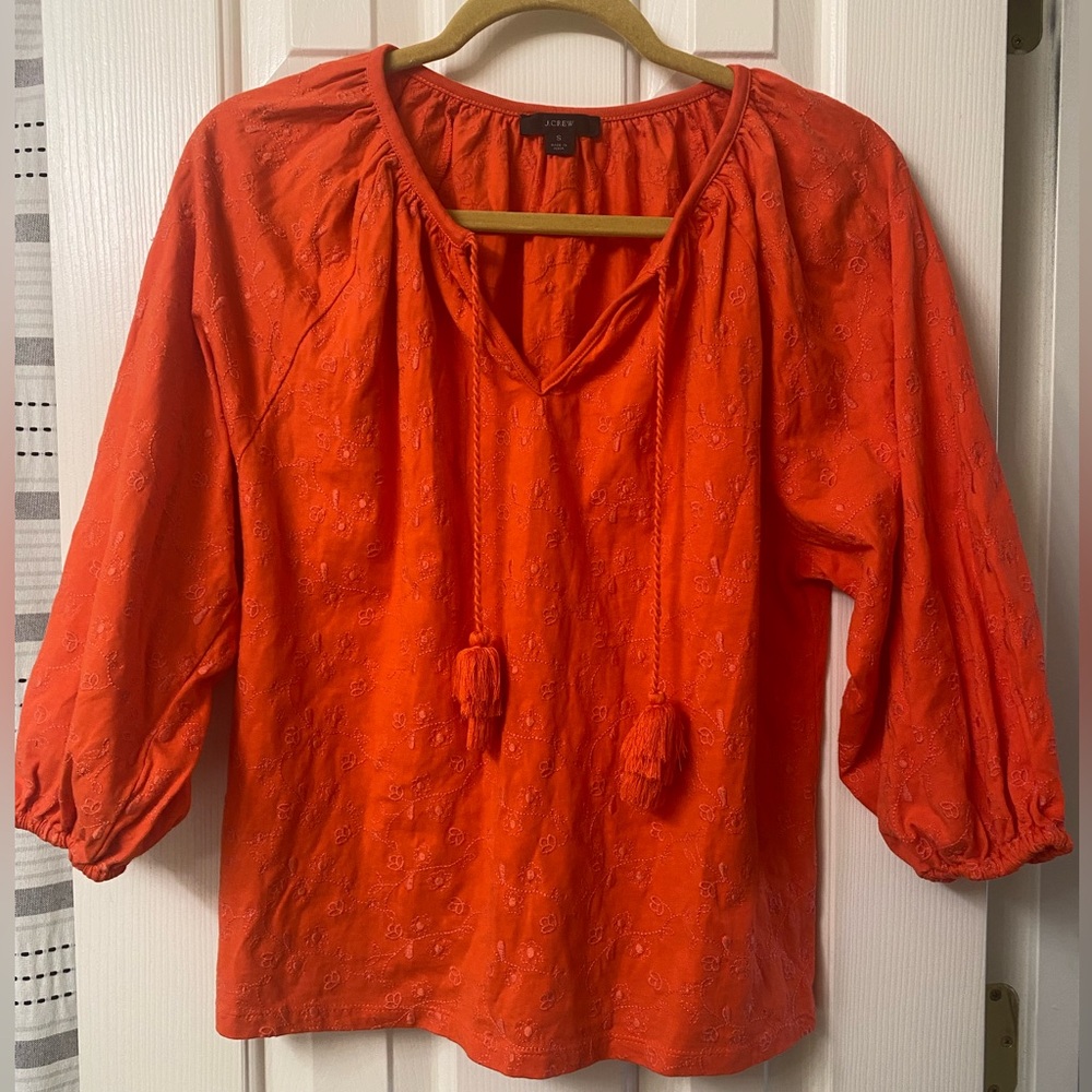 J. Crew Women’s Orange Embroidered Tassel Tie Balloon Sleeve Cotton Top Size S